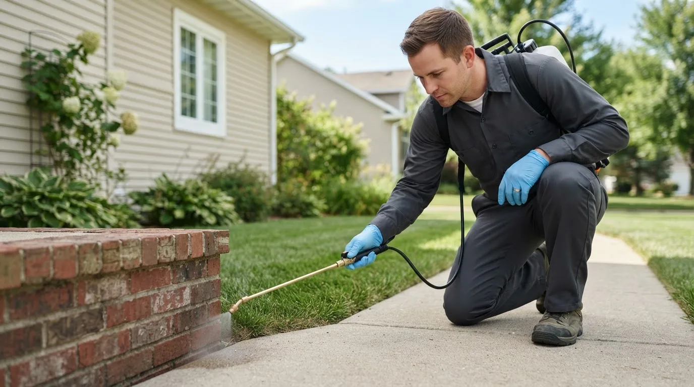 Pest control technician treating a home near Huntingtown, MD