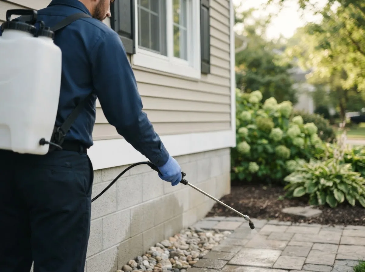 Pest control technician inspecting a home in Huntingtown, MD